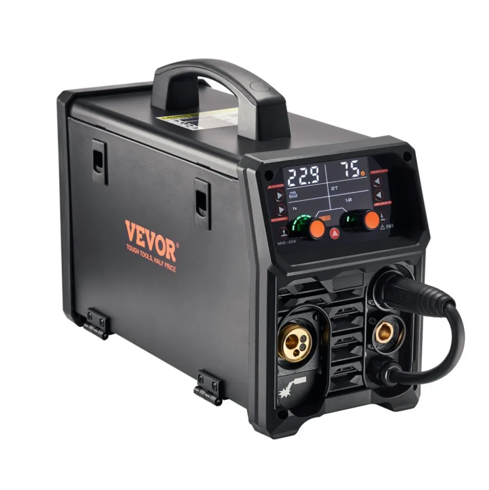 VEVOR Pro MIG Welder, 250A Pluse Mig Welding Machine, 5-in-1 Synergic Welder Machine MIG Pluse/Gas MIG/Flux Core MIG/Stick/Lift TIG, 110V/220V Dual Voltage Aluminum Mig Welder with LCD Screen Display
