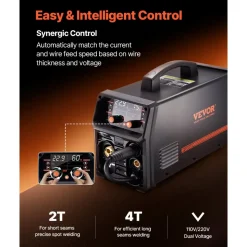 VEVOR Pro MIG Welder, 250A Pluse Mig Welding Machine, 5-in-1 Synergic Welder Machine MIG Pluse/Gas MIG/Flux Core MIG/Stick/Lift TIG, 110V/220V Dual Voltage Aluminum Mig Welder with LCD Screen Display