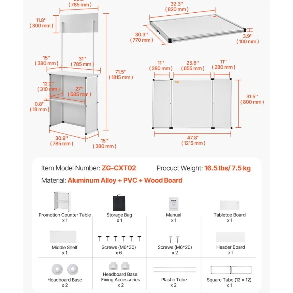 VEVOR Promotion Counter Table, Portable Tradeshow Podium Table, 30.91" x 14.96" x 71.46", Display Exhibition Counter Stand Booth Fair with Wall, Pop Up Podium with Storage Rack/Carrying Bag
