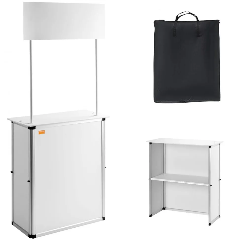 VEVOR Promotion Counter Table, Portable Tradeshow Podium Table, 30.91" x 14.96" x 71.46", Display Exhibition Counter Stand Booth Fair with Wall, Pop Up Podium with Storage Rack/Carrying Bag