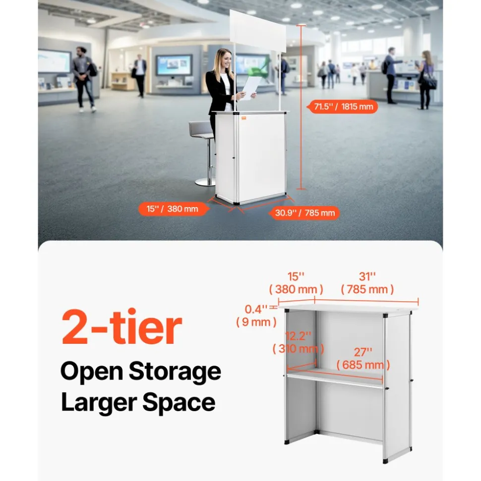 VEVOR Promotion Counter Table, Portable Tradeshow Podium Table, 30.91" x 14.96" x 71.46", Display Exhibition Counter Stand Booth Fair with Wall, Pop Up Podium with Storage Rack/Carrying Bag