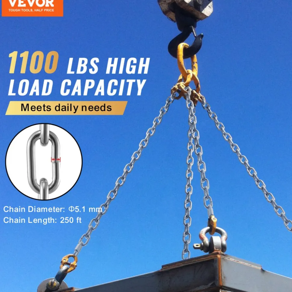 VEVOR Proof Coil Chain, 3/16" x 250', 1100 lbs Safe Working Load, Zinc Plated Proof Tested Coil Chain with Two Quick Links, Galvanized Carbon Steel Link Chain for Towing, Hanging, Camping, Pet Towing