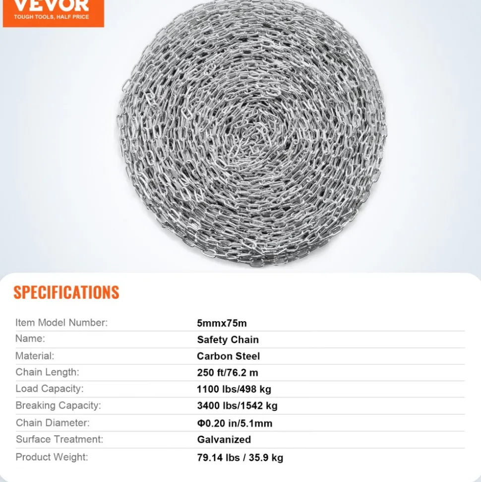 VEVOR Proof Coil Chain, 3/16" x 250', 1100 lbs Safe Working Load, Zinc Plated Proof Tested Coil Chain with Two Quick Links, Galvanized Carbon Steel Link Chain for Towing, Hanging, Camping, Pet Towing