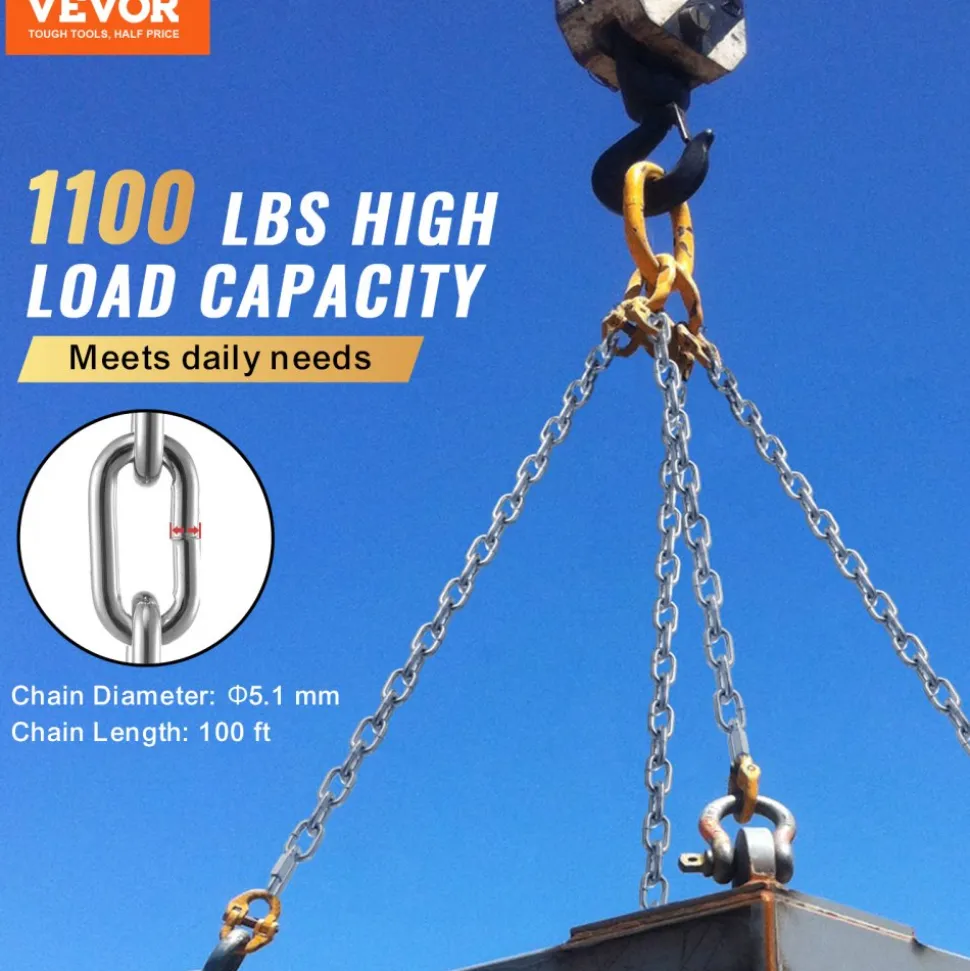 VEVOR Proof Coil Chain, 3/16" x 100', 1100 lbs Safe Working Load, Zinc Plated Proof Tested Coil Chain with Two Quick Links, Galvanized Carbon Steel Link Chain for Towing, Hanging, Camping, Pet Towing