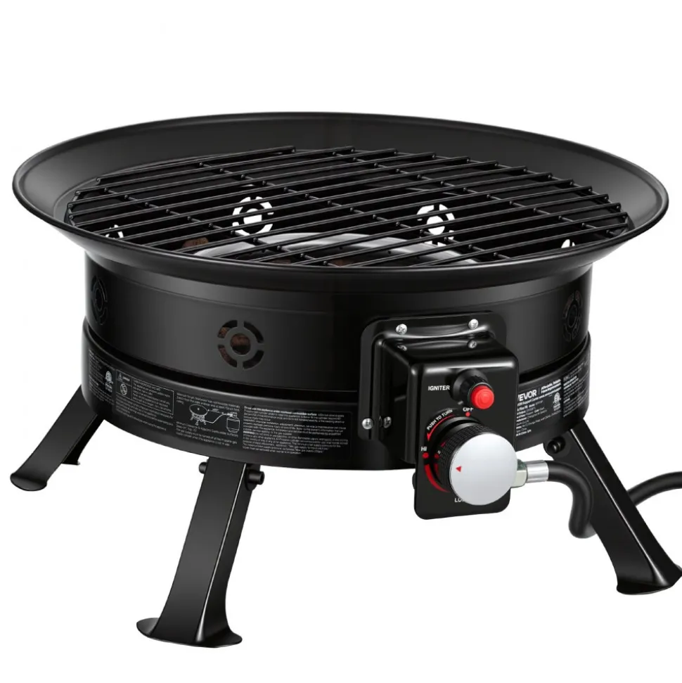 VEVOR Propane Fire Pit 19-Inch, 53,000 BTU Portable Gas Fire Pit, with Grill Grate & Lava Rocks, Adjustable Flame, Folding Legs,Smokeless Outdoor Firebowl for Camping, Patio, Backyard, Deck, RV, Black