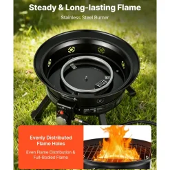 VEVOR Propane Fire Pit 19-Inch, 53,000 BTU Portable Gas Fire Pit, with Grill Grate & Lava Rocks, Adjustable Flame, Folding Legs,Smokeless Outdoor Firebowl for Camping, Patio, Backyard, Deck, RV, Black