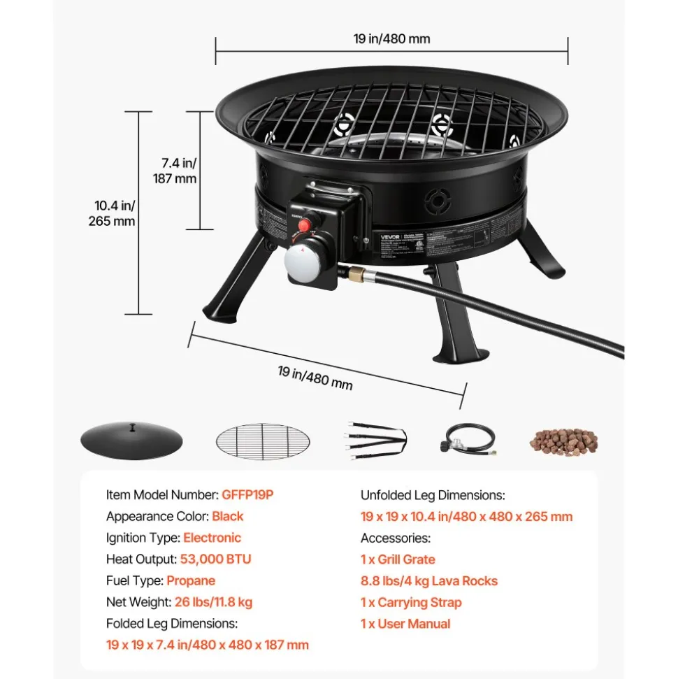 VEVOR Propane Fire Pit 19-Inch, 53,000 BTU Portable Gas Fire Pit, with Grill Grate & Lava Rocks, Adjustable Flame, Folding Legs,Smokeless Outdoor Firebowl for Camping, Patio, Backyard, Deck, RV, Black