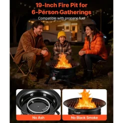 VEVOR Propane Fire Pit 19-Inch, 53,000 BTU Portable Gas Fire Pit, with Grill Grate & Lava Rocks, Adjustable Flame, Folding Legs,Smokeless Outdoor Firebowl for Camping, Patio, Backyard, Deck, RV, Black