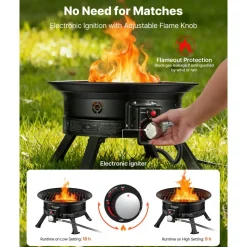 VEVOR Propane Fire Pit 24-Inch, 53,000 BTU Portable Gas Fire Pit, with Grill Grate & Lava Rocks, Adjustable Flame, Folding Legs,Smokeless Outdoor Firebowl for Camping, Patio, Backyard, Deck, RV, Black