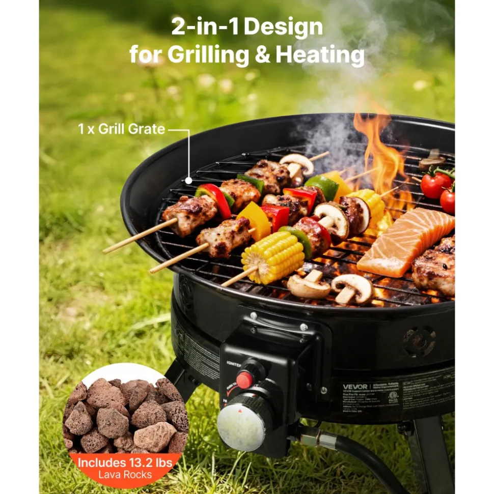 VEVOR Propane Fire Pit 24-Inch, 53,000 BTU Portable Gas Fire Pit, with Grill Grate & Lava Rocks, Adjustable Flame, Folding Legs,Smokeless Outdoor Firebowl for Camping, Patio, Backyard, Deck, RV, Black