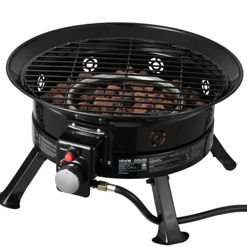 VEVOR Propane Fire Pit 24-Inch, 53,000 BTU Portable Gas Fire Pit, with Grill Grate & Lava Rocks, Adjustable Flame, Folding Legs,Smokeless Outdoor Firebowl for Camping, Patio, Backyard, Deck, RV, Black