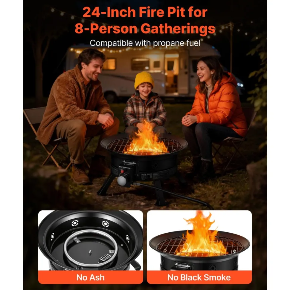 VEVOR Propane Fire Pit 24-Inch, 53,000 BTU Portable Gas Fire Pit, with Grill Grate & Lava Rocks, Adjustable Flame, Folding Legs,Smokeless Outdoor Firebowl for Camping, Patio, Backyard, Deck, RV, Black