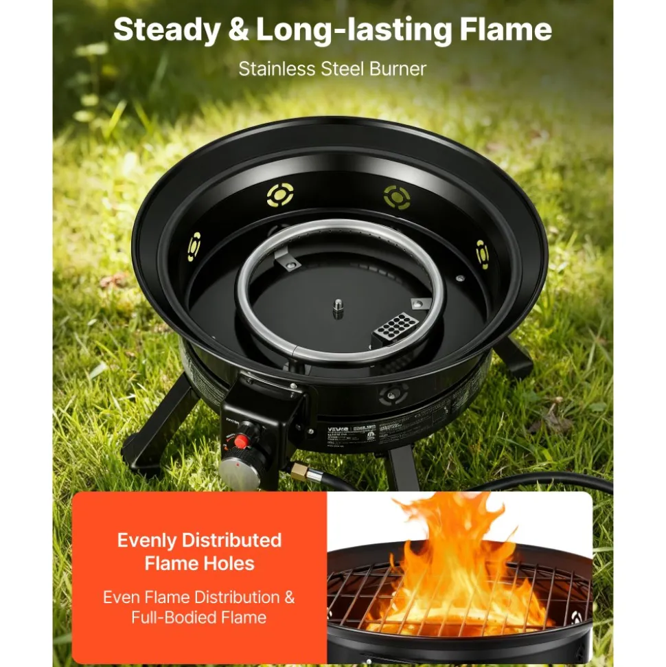 VEVOR Propane Fire Pit 24-Inch, 53,000 BTU Portable Gas Fire Pit, with Grill Grate & Lava Rocks, Adjustable Flame, Folding Legs,Smokeless Outdoor Firebowl for Camping, Patio, Backyard, Deck, RV, Black