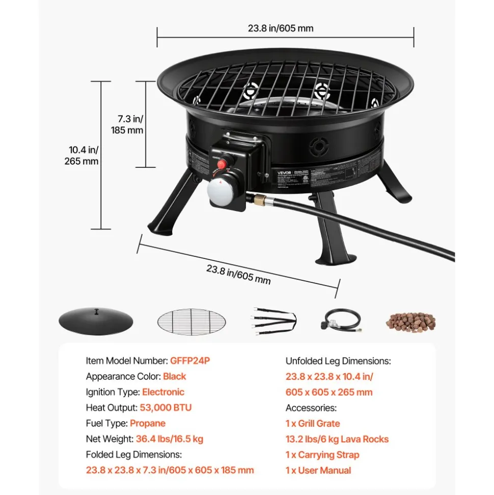 VEVOR Propane Fire Pit 24-Inch, 53,000 BTU Portable Gas Fire Pit, with Grill Grate & Lava Rocks, Adjustable Flame, Folding Legs,Smokeless Outdoor Firebowl for Camping, Patio, Backyard, Deck, RV, Black