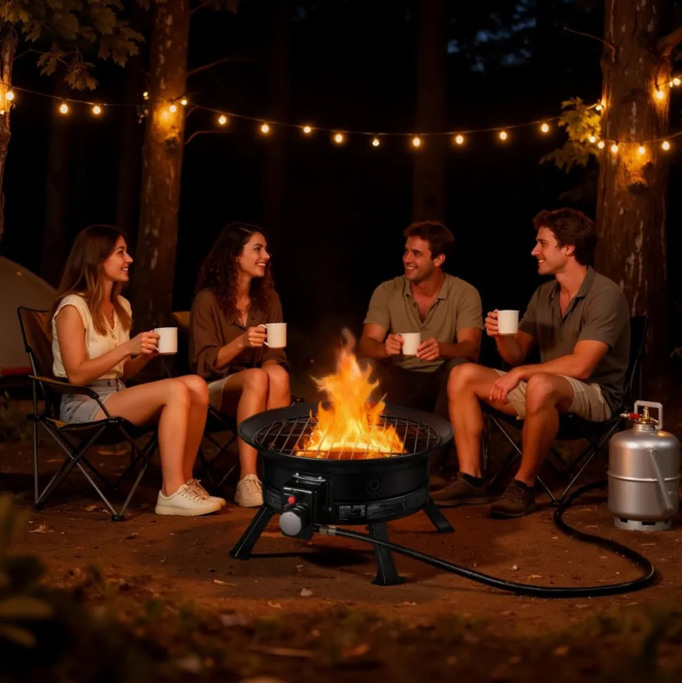 VEVOR Propane Fire Pit 24-Inch, 53,000 BTU Portable Gas Fire Pit, with Grill Grate & Lava Rocks, Adjustable Flame, Folding Legs,Smokeless Outdoor Firebowl for Camping, Patio, Backyard, Deck, RV, Black