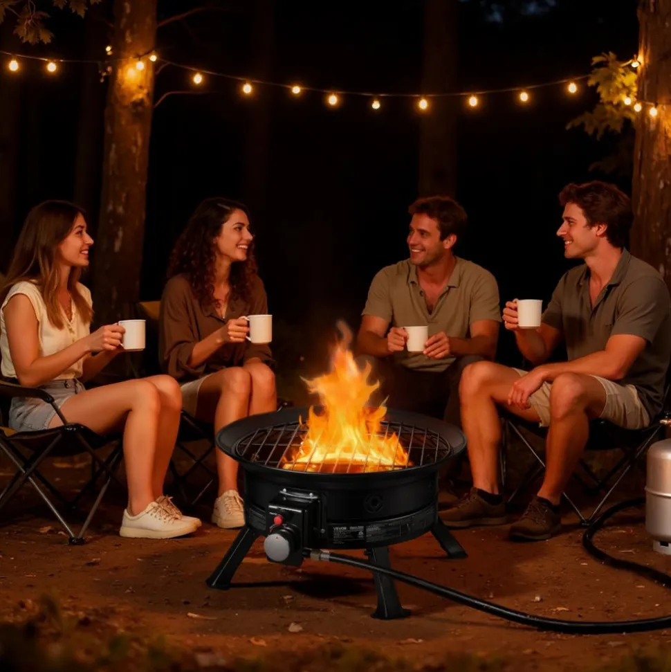 VEVOR Propane Fire Pit 24-Inch, 53,000 BTU Portable Gas Fire Pit, with Grill Grate & Lava Rocks, Adjustable Flame, Folding Legs,Smokeless Outdoor Firebowl for Camping, Patio, Backyard, Deck, RV, Black