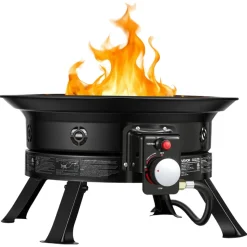 VEVOR Propane Fire Pit 24-Inch, 53,000 BTU Portable Gas Fire Pit, with Grill Grate & Lava Rocks, Adjustable Flame, Folding Legs,Smokeless Outdoor Firebowl for Camping, Patio, Backyard, Deck, RV, Black