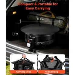 VEVOR Propane Fire Pit 24-Inch, 53,000 BTU Portable Gas Fire Pit, with Grill Grate & Lava Rocks, Adjustable Flame, Folding Legs,Smokeless Outdoor Firebowl for Camping, Patio, Backyard, Deck, RV, Black