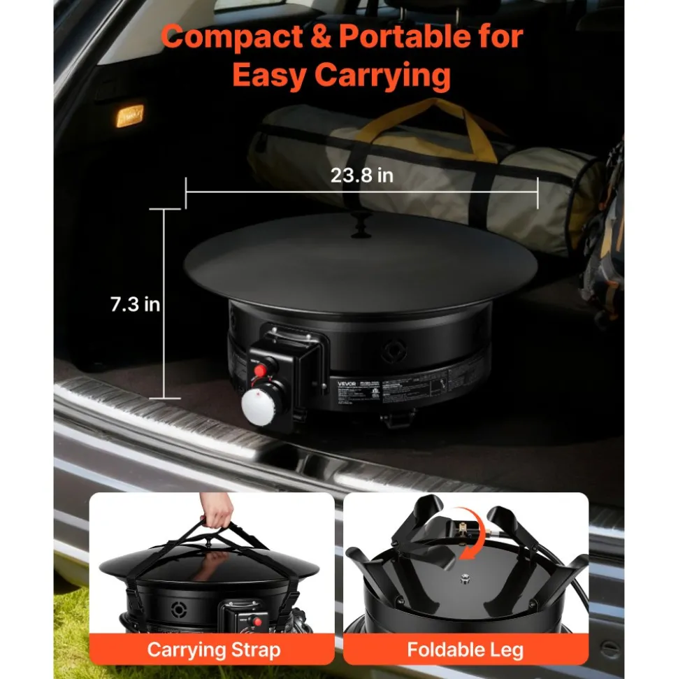 VEVOR Propane Fire Pit 24-Inch, 53,000 BTU Portable Gas Fire Pit, with Grill Grate & Lava Rocks, Adjustable Flame, Folding Legs,Smokeless Outdoor Firebowl for Camping, Patio, Backyard, Deck, RV, Black