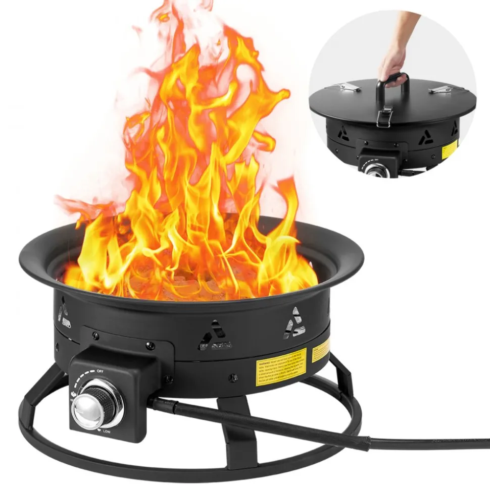 VEVOR Propane Fire Pit, 19-Inch Diameter Outdoor Portable Gas Fire Pit with Cover & Lava Rocks, Adjustable Flame Height Camping Firepit for Heating, Lighting, Gathering, 58,000 BTU, Black