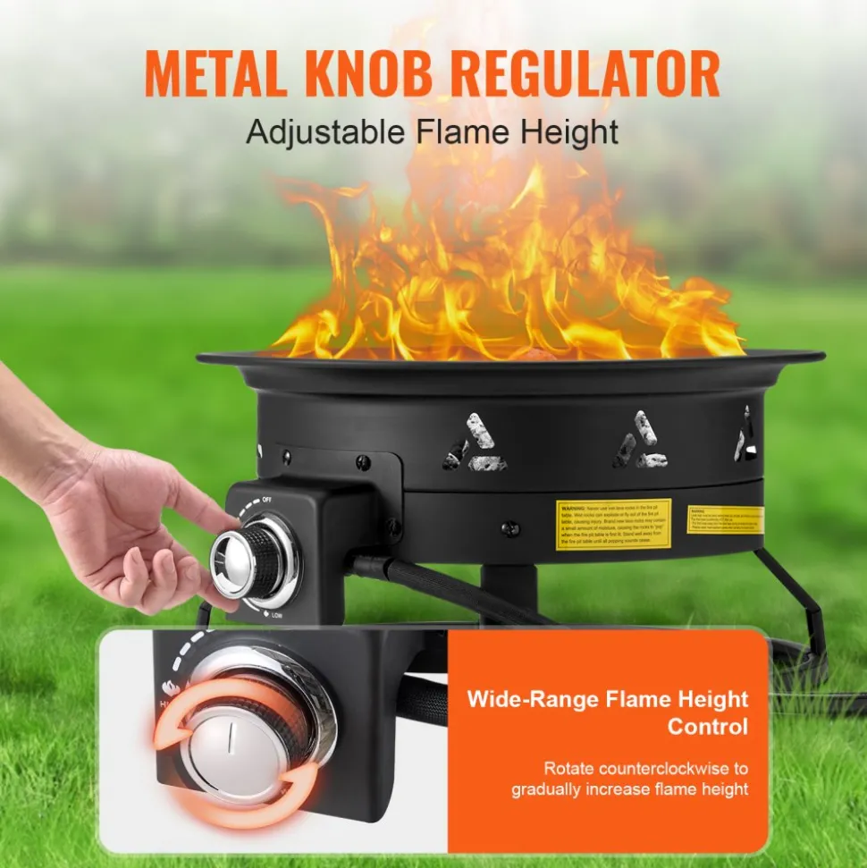 VEVOR Propane Fire Pit, 19-Inch Diameter Outdoor Portable Gas Fire Pit with Cover & Lava Rocks, Adjustable Flame Height Camping Firepit for Heating, Lighting, Gathering, 58,000 BTU, Black