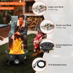 VEVOR Propane Fire Pit, 19-Inch Diameter Outdoor Portable Gas Fire Pit with Cover & Lava Rocks, Adjustable Flame Height Camping Firepit for Heating, Lighting, Gathering, 58,000 BTU, Black