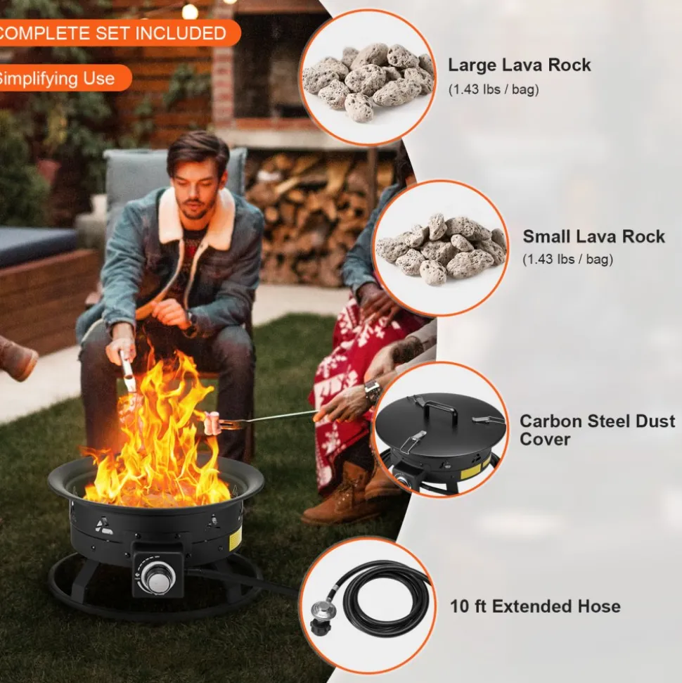 VEVOR Propane Fire Pit, 19-Inch Diameter Outdoor Portable Gas Fire Pit with Cover & Lava Rocks, Adjustable Flame Height Camping Firepit for Heating, Lighting, Gathering, 58,000 BTU, Black