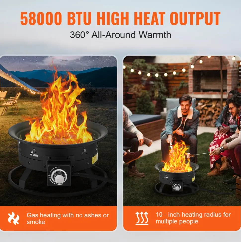 VEVOR Propane Fire Pit, 19-Inch Diameter Outdoor Portable Gas Fire Pit with Cover & Lava Rocks, Adjustable Flame Height Camping Firepit for Heating, Lighting, Gathering, 58,000 BTU, Black
