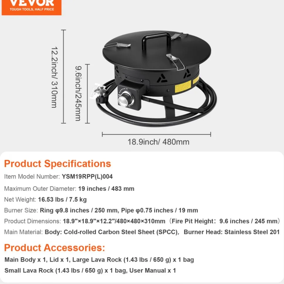 VEVOR Propane Fire Pit, 19-Inch Diameter Outdoor Portable Gas Fire Pit with Cover & Lava Rocks, Adjustable Flame Height Camping Firepit for Heating, Lighting, Gathering, 58,000 BTU, Black