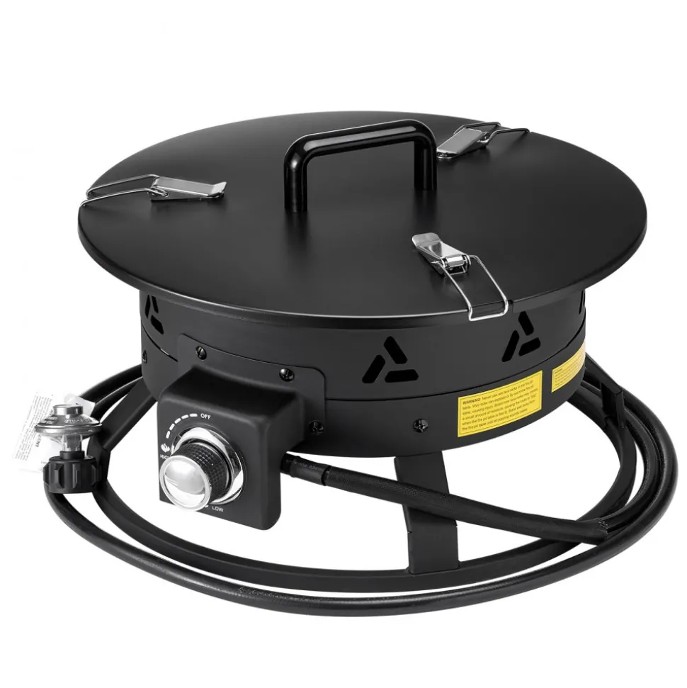 VEVOR Propane Fire Pit, 19-Inch Diameter Outdoor Portable Gas Fire Pit with Cover & Lava Rocks, Adjustable Flame Height Camping Firepit for Heating, Lighting, Gathering, 58,000 BTU, Black