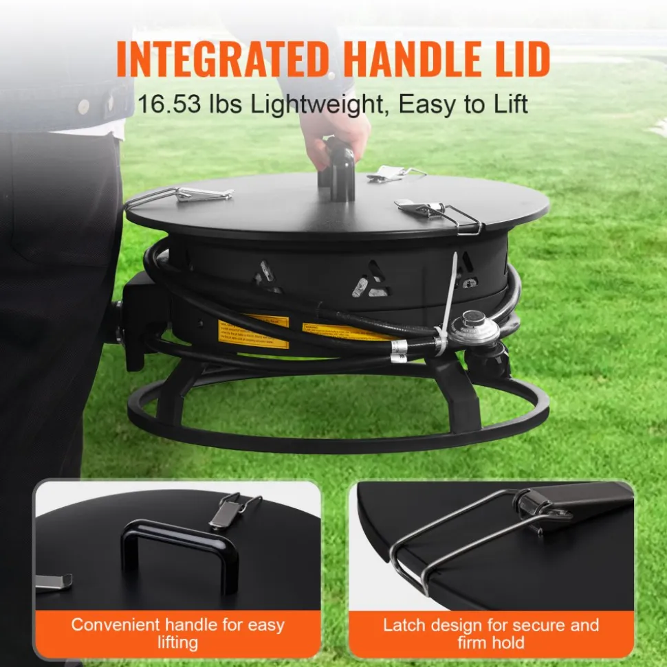 VEVOR Propane Fire Pit, 19-Inch Diameter Outdoor Portable Gas Fire Pit with Cover & Lava Rocks, Adjustable Flame Height Camping Firepit for Heating, Lighting, Gathering, 58,000 BTU, Black