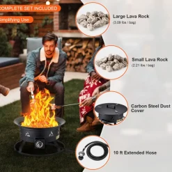 VEVOR Propane Fire Pit, 24-Inch Diameter Outdoor Portable Gas Fire Pit with Cover & Lava Rocks, Adjustable Flame Height Camping Firepit for Heating, Lighting, Gathering, 58,000 BTU, Black