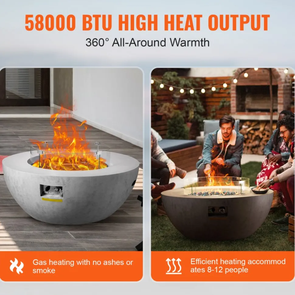 VEVOR Propane Fire Pit, Outdoor Concrete Gas Fire Pit, 39 in Tabletop with Lava Rocks, Lid,Rain Cover,Adjust Flame Height Camping Firepit for Heating, Lighting, 50000 BTU
