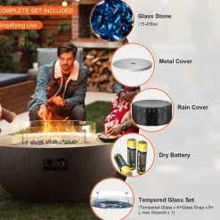 VEVOR Propane Fire Pit, Outdoor Concrete Gas Fire Pit, 39 in Tabletop with Lava Rocks, Lid,Rain Cover,Adjust Flame Height Camping Firepit for Heating, Lighting, 50000 BTU