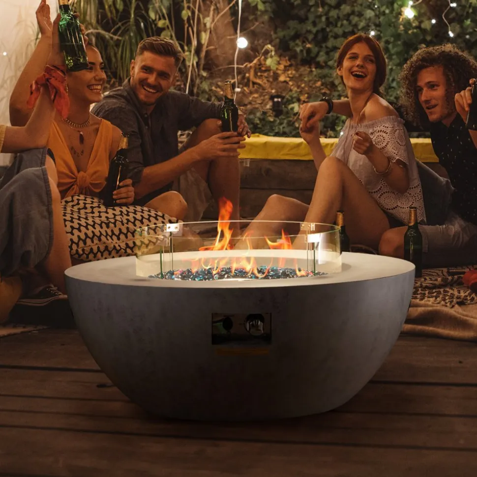 VEVOR Propane Fire Pit, Outdoor Concrete Gas Fire Pit, 39 in Tabletop with Lava Rocks, Lid,Rain Cover,Adjust Flame Height Camping Firepit for Heating, Lighting, 50000 BTU
