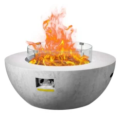 VEVOR Propane Fire Pit, Outdoor Concrete Gas Fire Pit, 39 in Tabletop with Lava Rocks, Lid,Rain Cover,Adjust Flame Height Camping Firepit for Heating, Lighting, 50000 BTU
