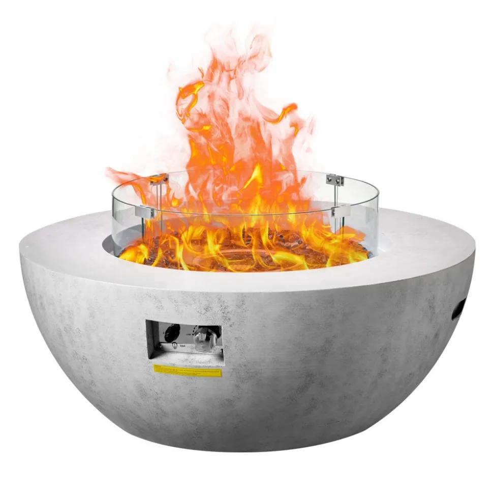 VEVOR Propane Fire Pit, Outdoor Concrete Gas Fire Pit, 39 in Tabletop with Lava Rocks, Lid,Rain Cover,Adjust Flame Height Camping Firepit for Heating, Lighting, 50000 BTU