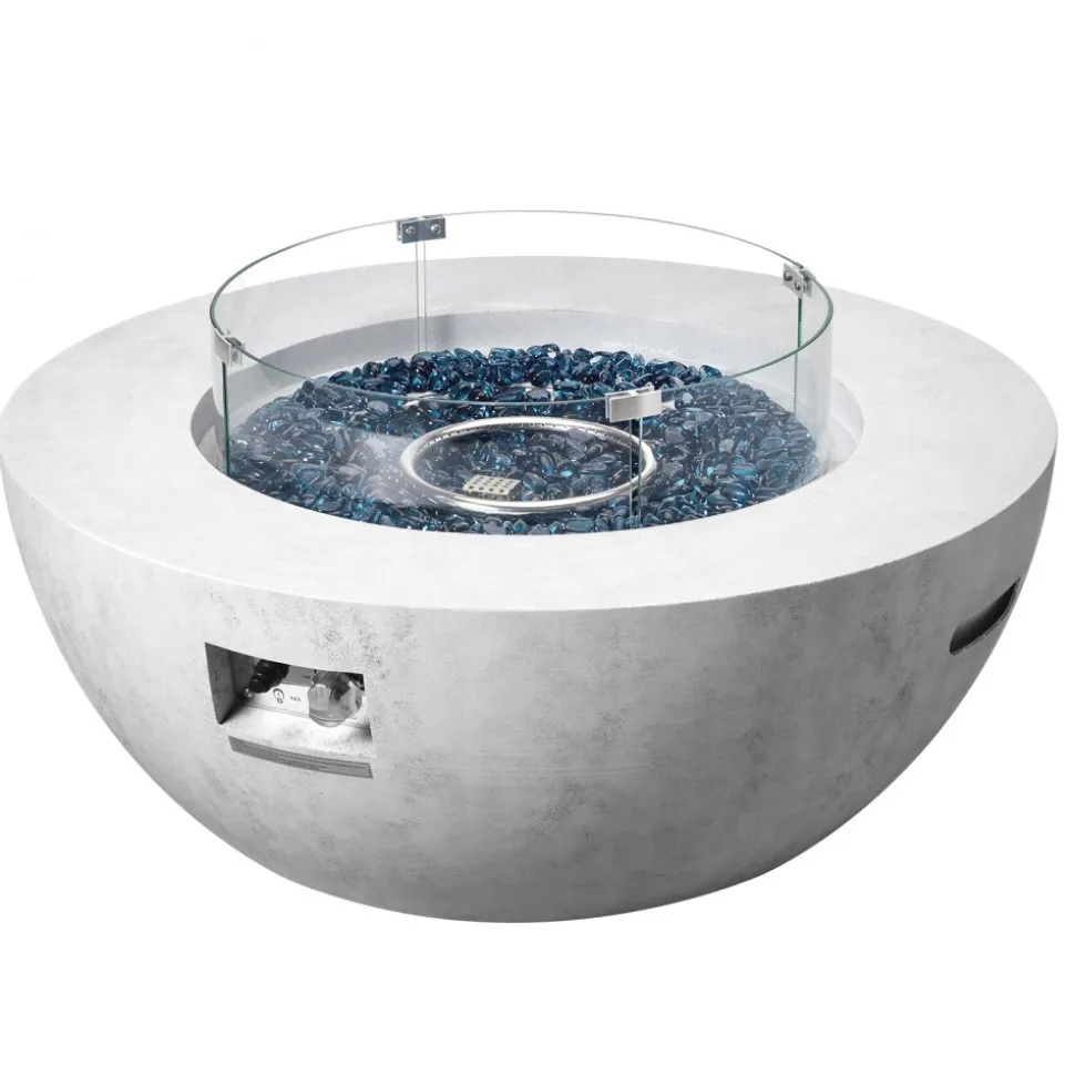 VEVOR Propane Fire Pit, Outdoor Concrete Gas Fire Pit, 39 in Tabletop with Lava Rocks, Lid,Rain Cover,Adjust Flame Height Camping Firepit for Heating, Lighting, 50000 BTU