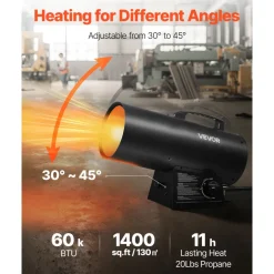 VEVOR Propane Heater, 60000BTU Forced Air Propane Heater with Stepless Temp Settings & security Protection, Portable Garage/Shop Barrel Heater for Garages, Job Sites,Indoor/Outdoor