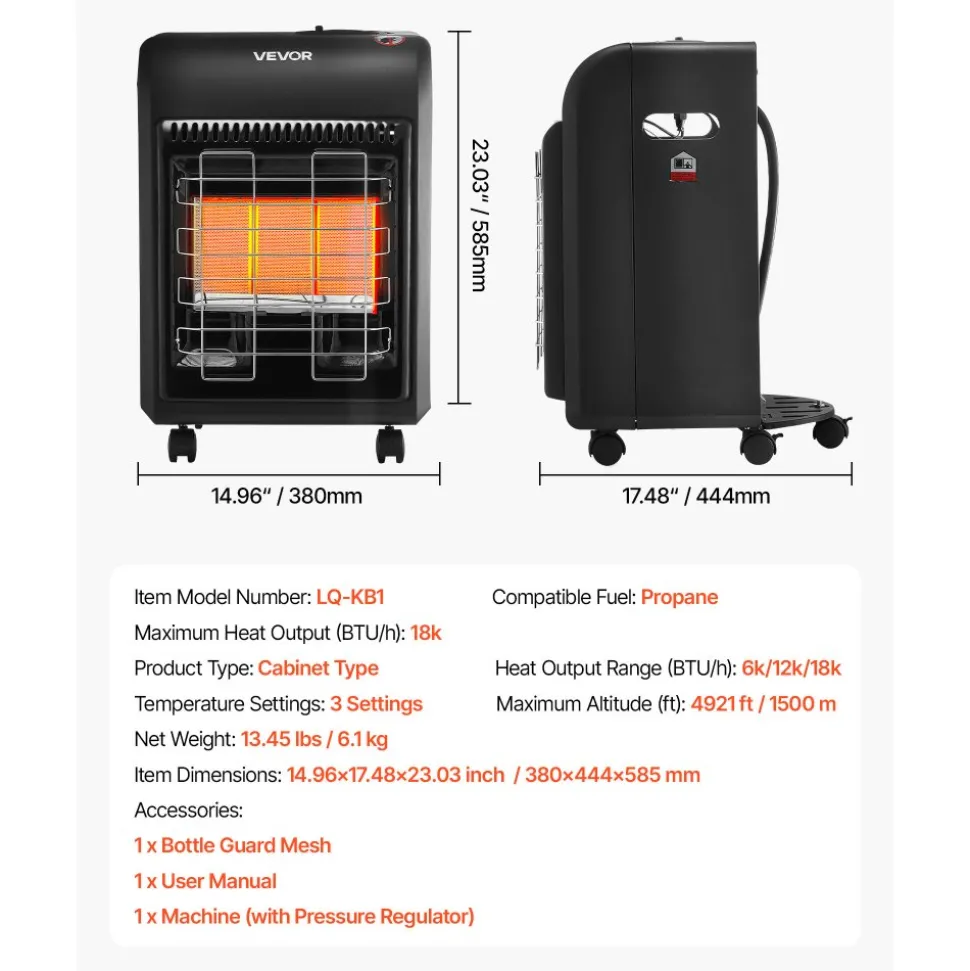 VEVOR Propane Heater, 6000 to 18000 BTU Propane Cabinet Heater with 3 Modes Temp Settings & Tip-over Protection, Garage Radiator Heat up to 450 Sq.Ft, for Camping,Garage, Patio,Indoor/Outdoor