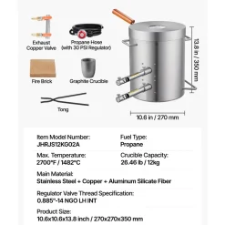 VEVOR Propane Melting Furnace Kit, 12KG Large Capacity Foundry Home Kilns,Stainless Steel Smelter, Blacksmithing Forge with Crucible an Tongs Kiln, For Metal Scrap Recycle, Gold Copper Silver Casting