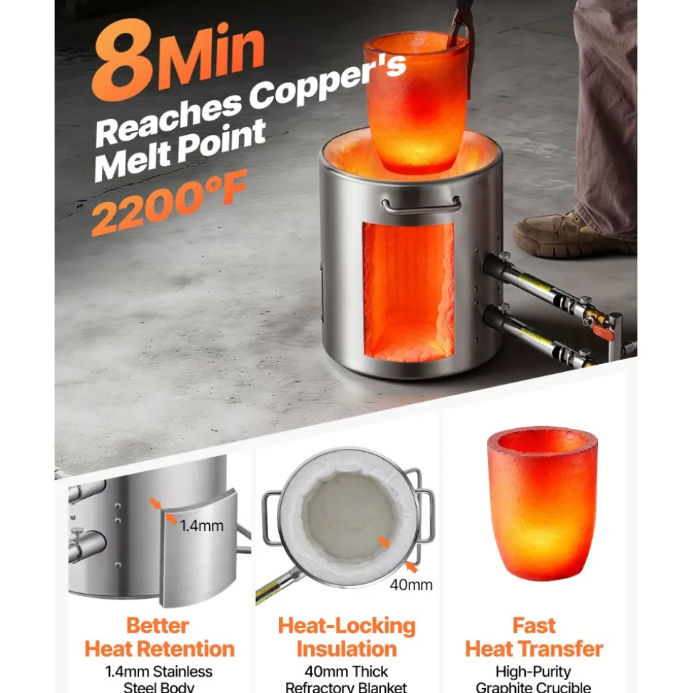 VEVOR Propane Melting Furnace Kit, 12KG Large Capacity Foundry Home Kilns,Stainless Steel Smelter, Blacksmithing Forge with Crucible an Tongs Kiln, For Metal Scrap Recycle, Gold Copper Silver Casting