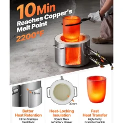 VEVOR Propane Melting Furnace Kit, 16KG/35lbs Gas Metal Melting Furnace Kit, Dual Burner Foundry Home Kiln with Crucibles and Tongs, Smelting Casting Tool for Gold Silver Copper Aluminum Metal Recycle