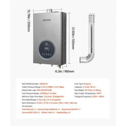 VEVOR Propane Tankless Water Heater, 4.3Gal Indoor 100000 BTU Instant Hot Water Heater, Smart Temperature Control & Clear LED Display & Multiple Security Protections for Whole House, Silver Gray