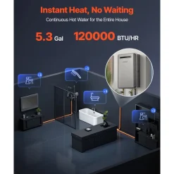 VEVOR Propane Tankless Water Heater, 5.3Gal Outdoor 120000 BTU Instant Hot Water Heater, Smart Temperature Control & 3/4 inch NPT Interface& Multiple Security Protections for Whole House, Silver Gray