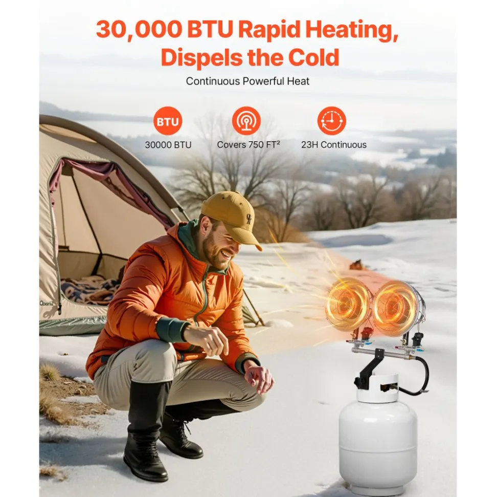 VEVOR Propane Tank Top Heater, 30000 BTU Rapid Heating 180-Degree Infrared Radiant Tank Top Gas Heater, 3 Heat Settings for Ice Fishing/ Hunting/Outdoor Work, Single Burner Square