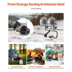 VEVOR Propane Tank Top Heater, 30000 BTU Rapid Heating 180-Degree Infrared Radiant Tank Top Gas Heater, 3 Heat Settings for Ice Fishing/ Hunting/Outdoor Work, Single Burner Square