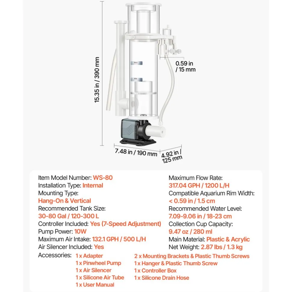 VEVOR Protein Skimmer for 30-80 Gal Saltwater Aquarium Hang On with DC Pump, Protein Skimmer with DC Pinwheel Pump, Adjustable Control, for 30-80 Gal Medium Saltwater Aquariums & Reef Tank Fish Tank