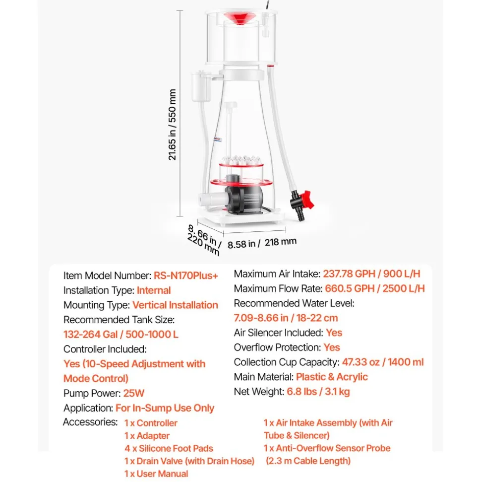 VEVOR Protein Skimmer for 132-264 Gal Saltwater Aquariums In Sump with Pump, Protein Skimmer with DC Pinwheel Pump, Adjustable Control, for 132-264 Gal Saltwater Aquarium & Reef Tank, In Sump Use Only
