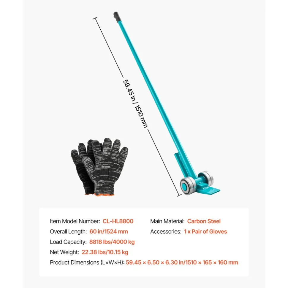 VEVOR Prylever Bar, 8818 lbs Weight Capacity, 56.5 Inch Carbon Steel Handle Lever Dolly, Pry Lever Bar with Wheels for Large Pallets, Heavy Items, Concrete Blocks, Heavy Duty Equipment Handling